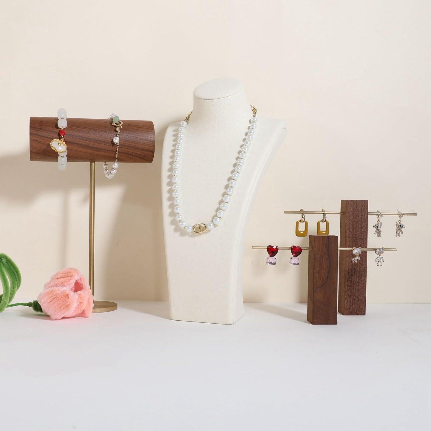 GemeShou Beige necklace storage organizer for sale, Velvet necklace holder stand, jewelry bust display stands, Jewelry Mannequin for Countertop, Showcase【Beige-Medium height 10.43 inch】