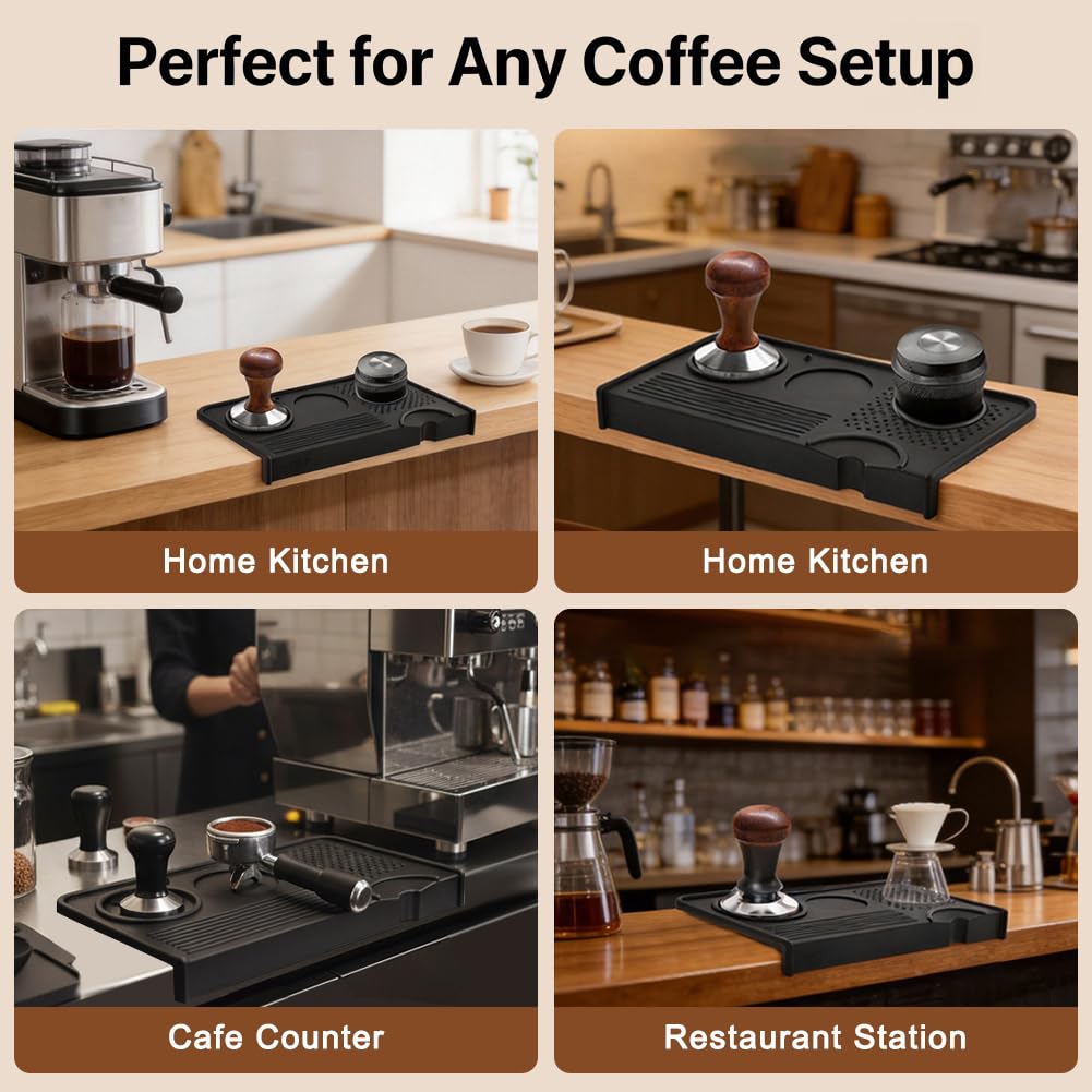 Espresso Tamping Mat and Coffee Brush Set, Non-Slip Silicone Coffee Tamper Mat Tamping Station for Home Kitchen Coffee' Bar, Barista Espresso Machine Acceessories(COLOR:Black)