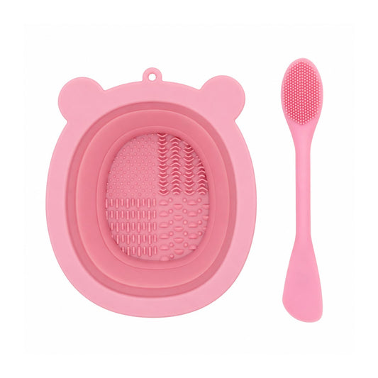 Silicone Makeup Brush Cleaner Pad with Scrubbing Textures, Bear Shape, Purple, Includes Cleaning Spatula (pink)