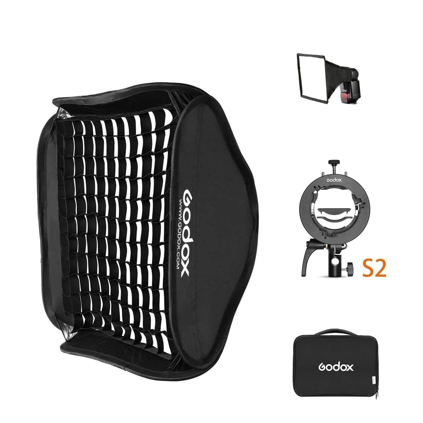 GODOX 32x32inch /80x80cm Foldable Flash Softbox Kit with Grid, Godox S2 S-Type Speedlite Bracket Bowens Mount and Carrying Case for Camera Flash Speedlight Studio Photography Video Shooting