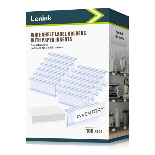 Lenink 100Pcs Wire Shelf Label Holders with 100Pcs Label Paper Inserts, Plastic Wire Rack Label Holder Compatible with Metro and Nexel 1-1/4in Shelves, Label Area 3in Lx1.25in H