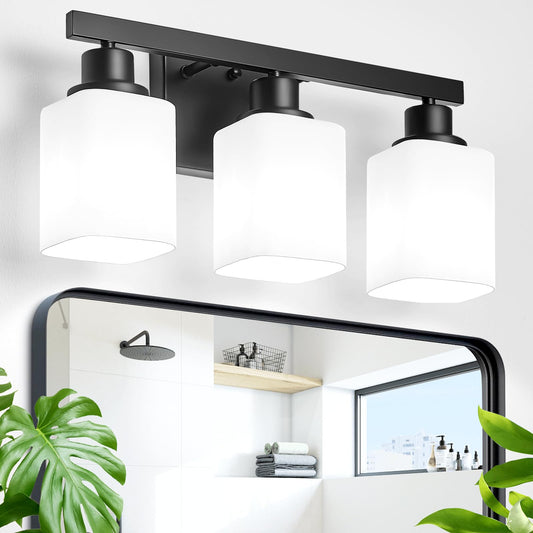 DIKAIDA 3-Light Bathroom Vanity Light,Modern Matte Black Bathroom Light Fixtures with Square Frosted Glass,Wall Sconces Lighting fixtures Over Mirror Restroom, Living Room Hallway