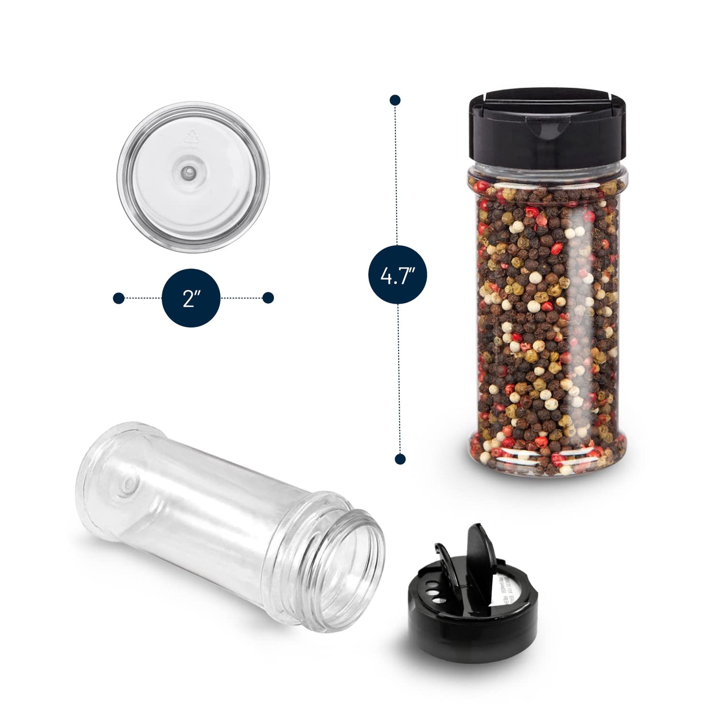 Plastic Spice Jars Bottle Containers with Black Cap, 5.5Oz, 12 Pack