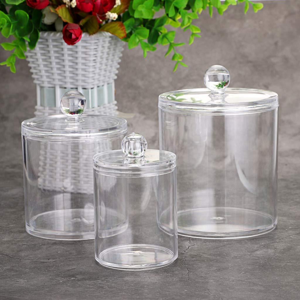 Hipiwe Set of 3 Cotton Ball and Swab Organizer With Lid - Apothecary Acrylic Jar Makeup Organizer, Q-Tips Holder, Bathroom Vanity Storage Canister for Rounds and Pads