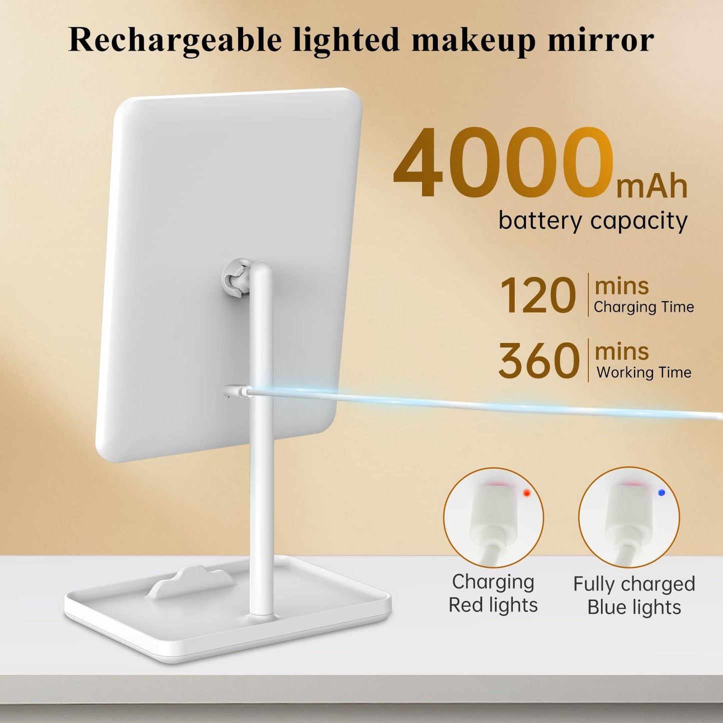 FUNTOUCH Vanity Mirror with Lights, Rechargeable Makeup Mirror with Lights,Smart Touch with 3-Color Lighting, Dimmable, Detachable 40X Magnification for Vanity Desk Tabletop,White