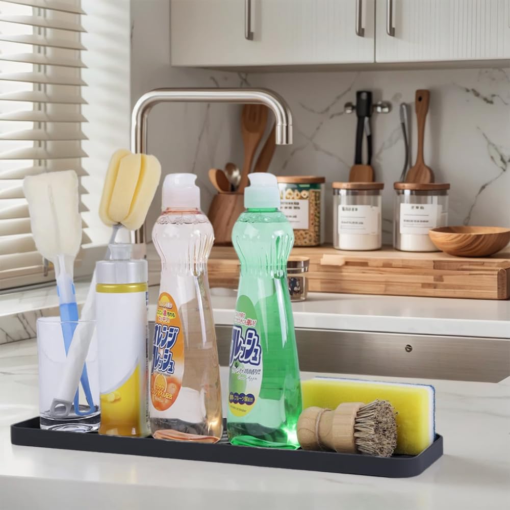 HvOvMvE Silicone Organizer Tray for Kitchen Sinks and Bathrooms. Dishwasher-Safe, Non-Slip Countertop Tray, Bathroom Drawer Organizer Trays. Perfect for Makeup & Trinkets (Dark Gray L 1PC)