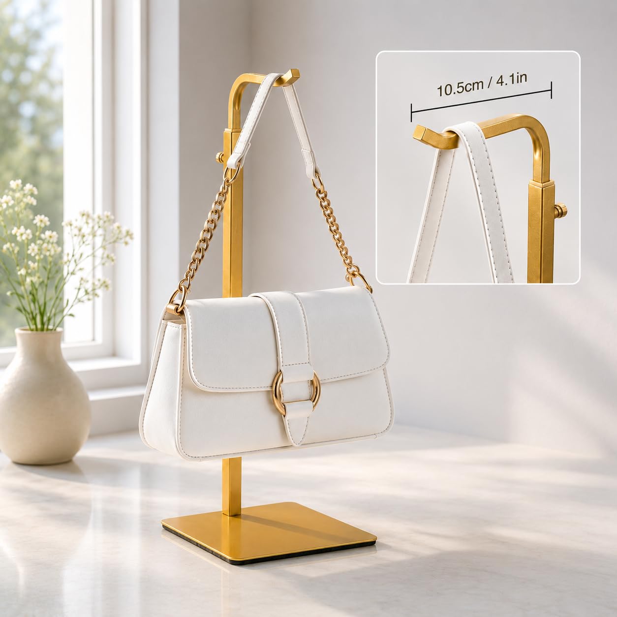 Josmimic Purse Display Stand, Height-Adjustable Tabletop Handbag Holder, Multi-Use Display Rack and Banner Stand for Happy Birthday Banners, Lanterns and Wreaths, for Home, Retail and Party Use, Gold