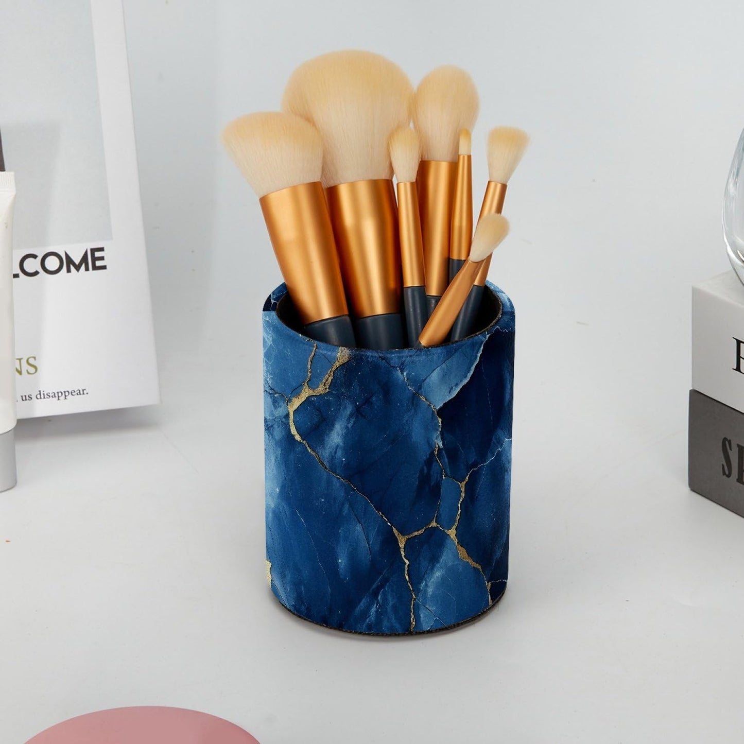 DragonBtu Faux Leather Pen Holder for Desk, Pencil Organizer Blue Gold Marble Texture Pen Cup Desk Decor Makeup Brush Holder Storage for Office Home