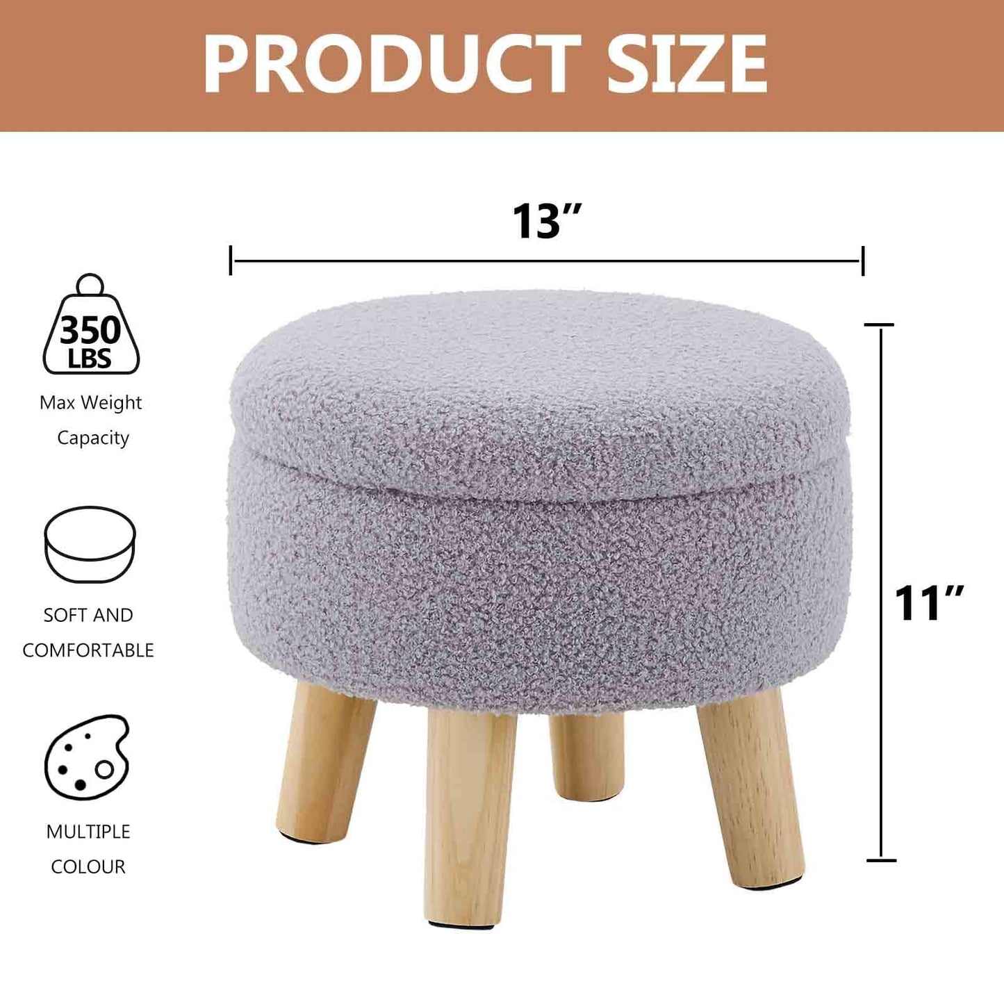 Wimarsbon Storage Ottoman, Modern Round Footrest with Soft Padded Seat, Teddy Velvet Footstool with Wood Legs, Accent Small Table or Plant Stand for Hallway, Living Room (Grey)