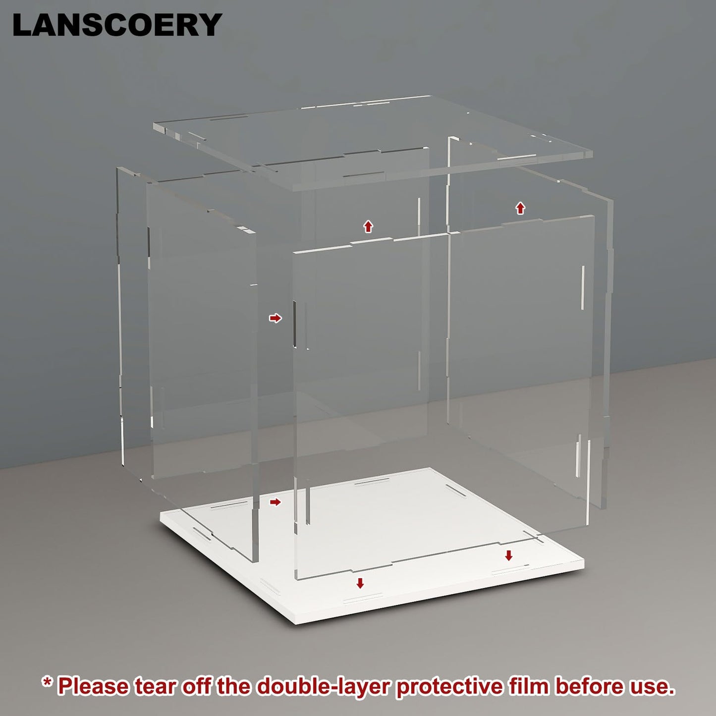 LANSCOERY Acrylic Display Case, 8x6x8 in Clear Display Box with 2mm Panels, White Base, LED String Light Accessory for Model Cars and Building Block Models