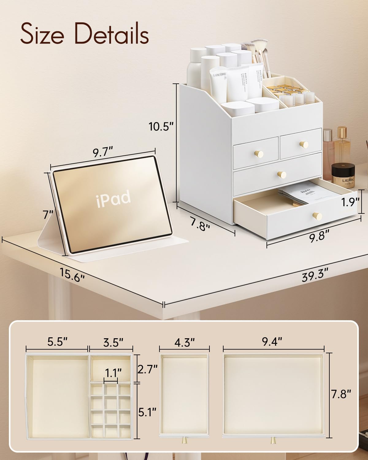 VLANDO Makeup Organzier,Vanity Organizer with Drawers, PU Leather Skincare Organizer Perfume Organizer,Large Cosmetic Display Case for Lipstick,Brushes Gifts for Women, White, 4 Layer