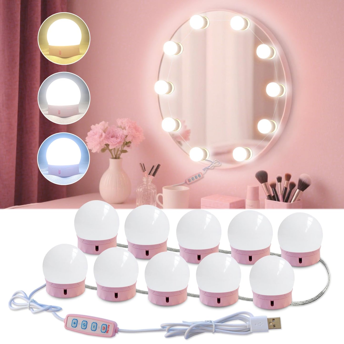 HELOIE Led Vanity Mirror Lights, Vanity Lights for Makeup Dressing Mirror Lighting,10 Dimmable Bulbs,Adjustable Light Color & Brightness,USB Cable