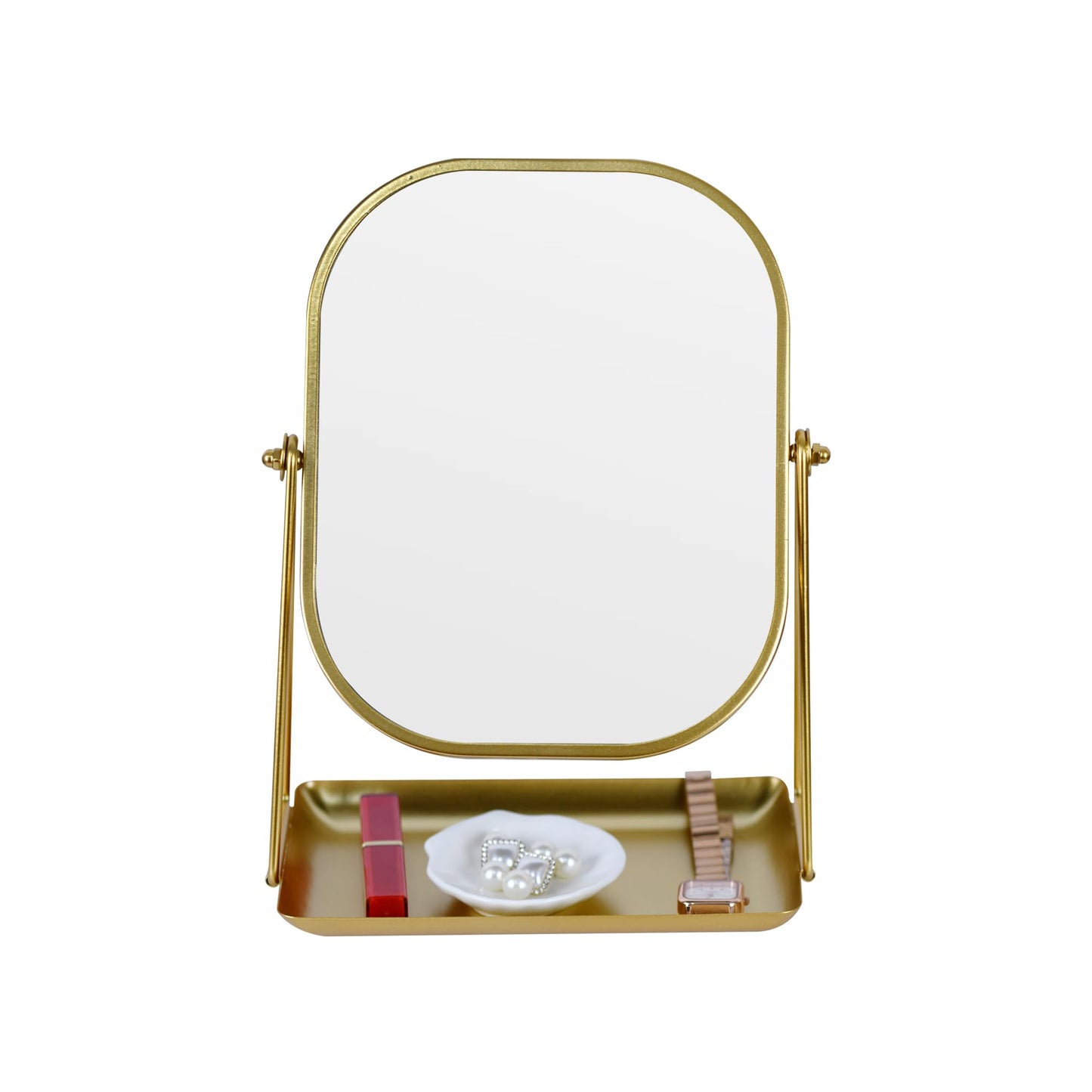 Tstarer 360 Degrees Rotating Metal Makeup Mirror with Storage, Vanity Mirror for Desk, Bathroom, Bedroom, Dressing Table (Gold)