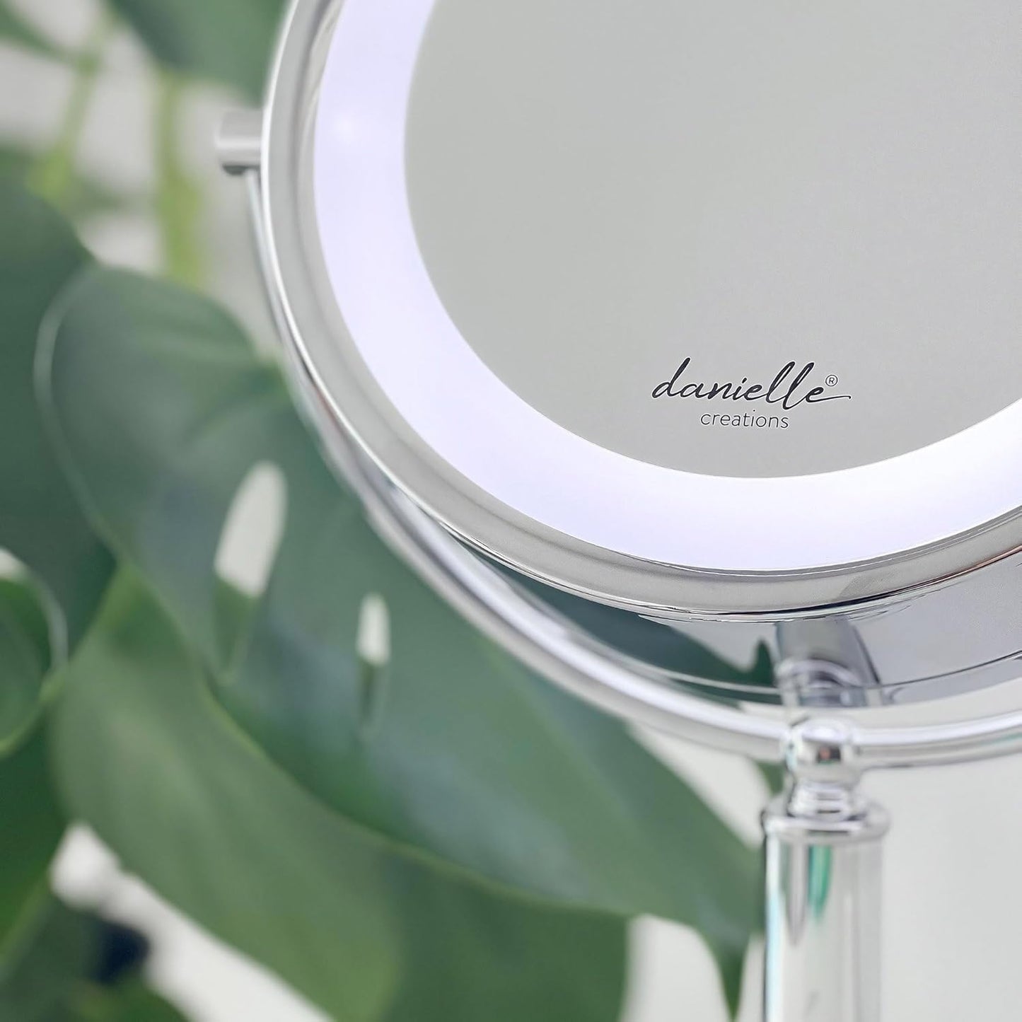 Danielle Creations Professional-Grade Double-Sided L.E.D. Vanity Mirror with Strong 15X Magnification, 360-Degree Rotation, Ultra-Vue Distortion-Free True Image Reflection, Silver Chrome Finish