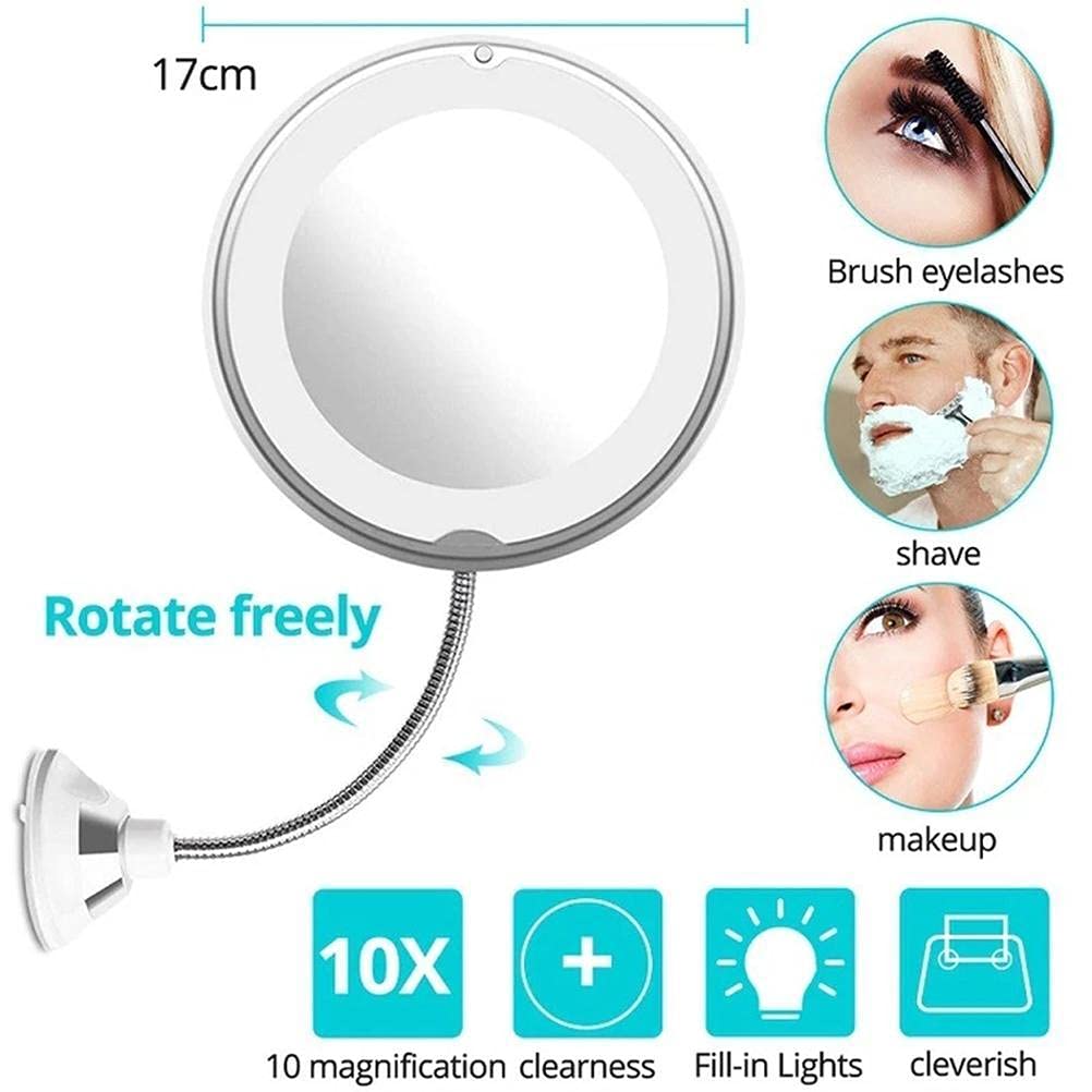 Masyrt 10X Magnifying Mirror with Light,Makeup Mirror with LED Light and Suction Cup,Flexible Gooseneck Make Up with Lights and Magnification for Travel Home Bathroom Vanity (White)