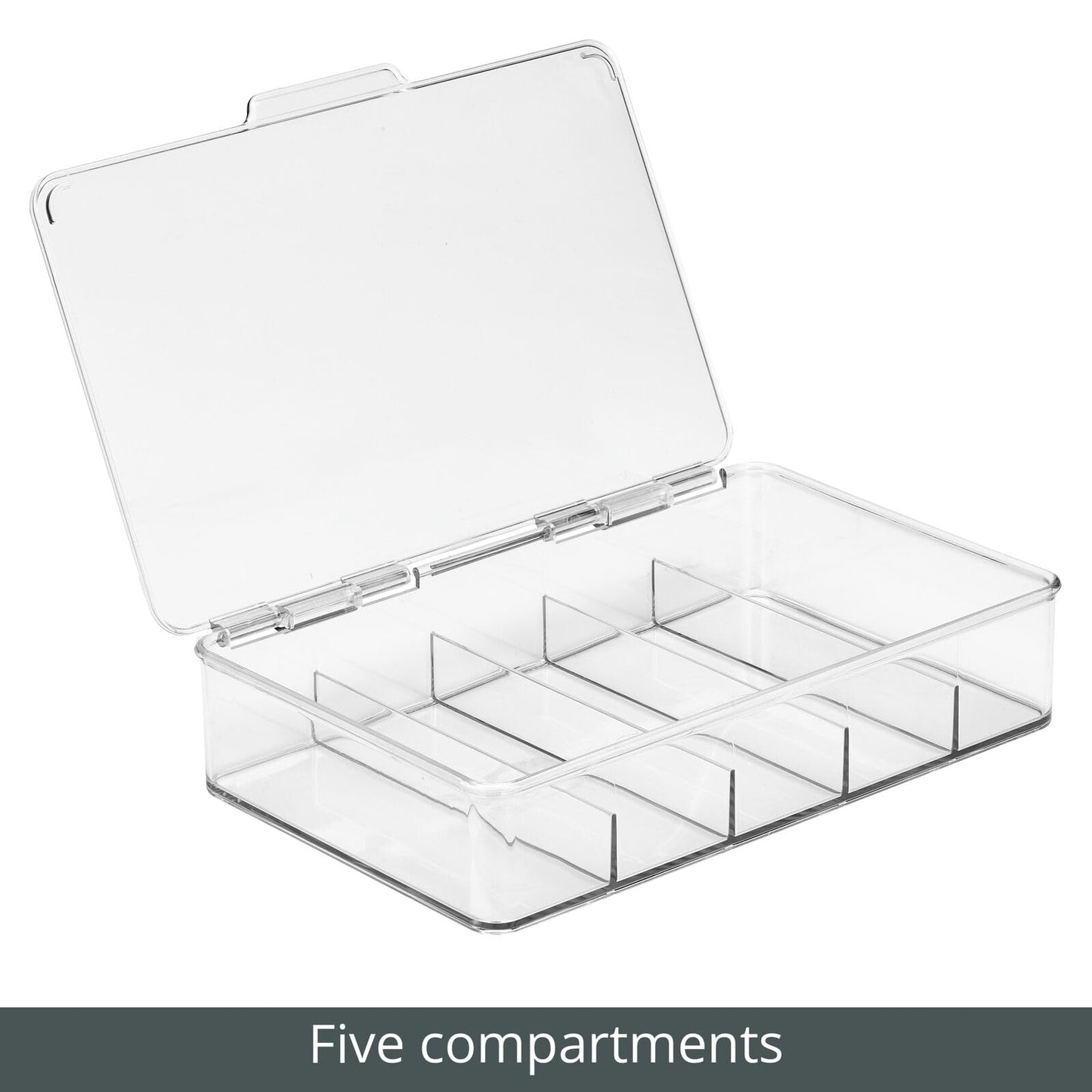 mDesign Plastic Divided Stackable Hair, Makeup & Jewelry Organizer Box with Hinge Lid for Bathroom Vanity Countertop - 5 Sections - Stores Hair Clips, Barrettes - Ligne Collection - 2 Pack - Clear