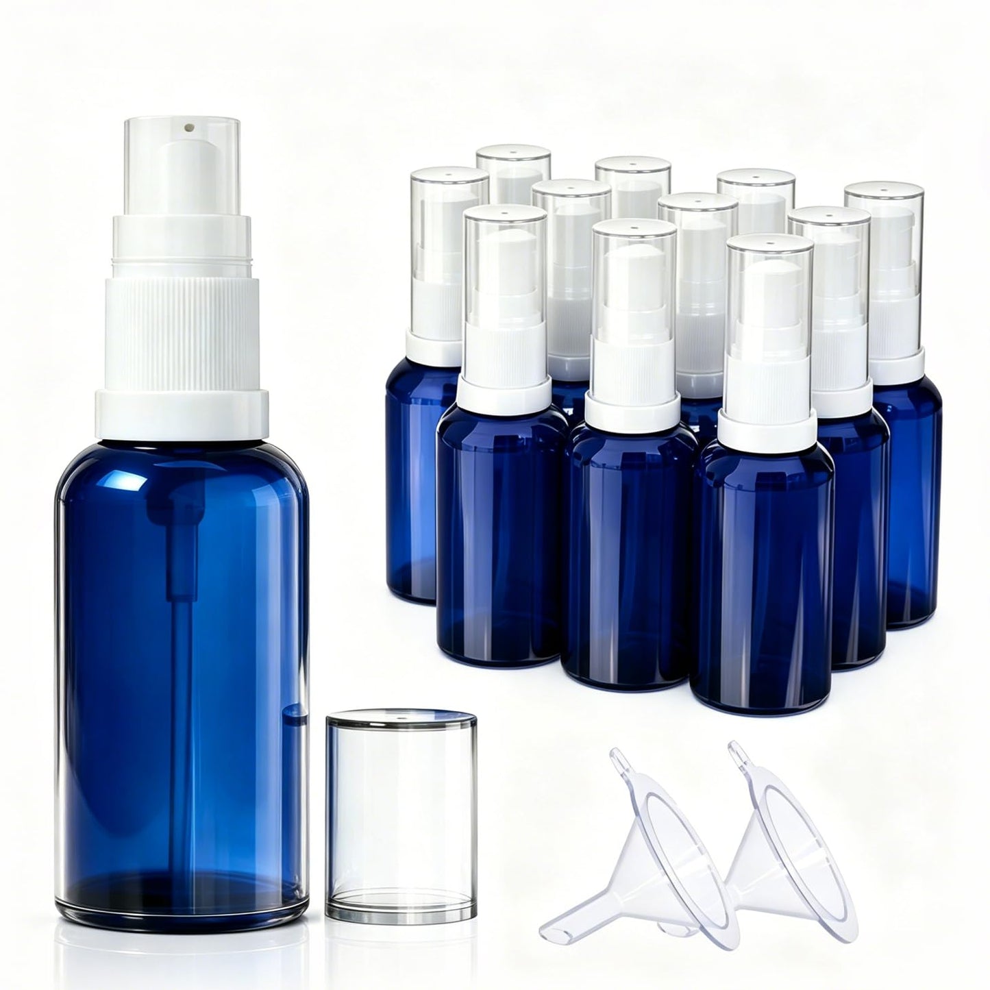 12pack 30ml Empty Refillable Glass Pump Bottle, 1oz Blue Lotion Cream Essential Oil Shampoo Dispenser Travel Cosmetic Small Container (30ml Blue 12pcs)