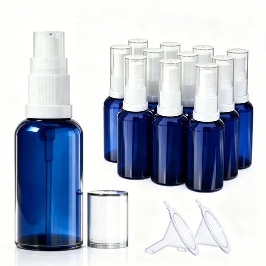 12pack 30ml Empty Refillable Glass Pump Bottle, 1oz Blue Lotion Cream Essential Oil Shampoo Dispenser Travel Cosmetic Small Container (30ml Blue 12pcs)