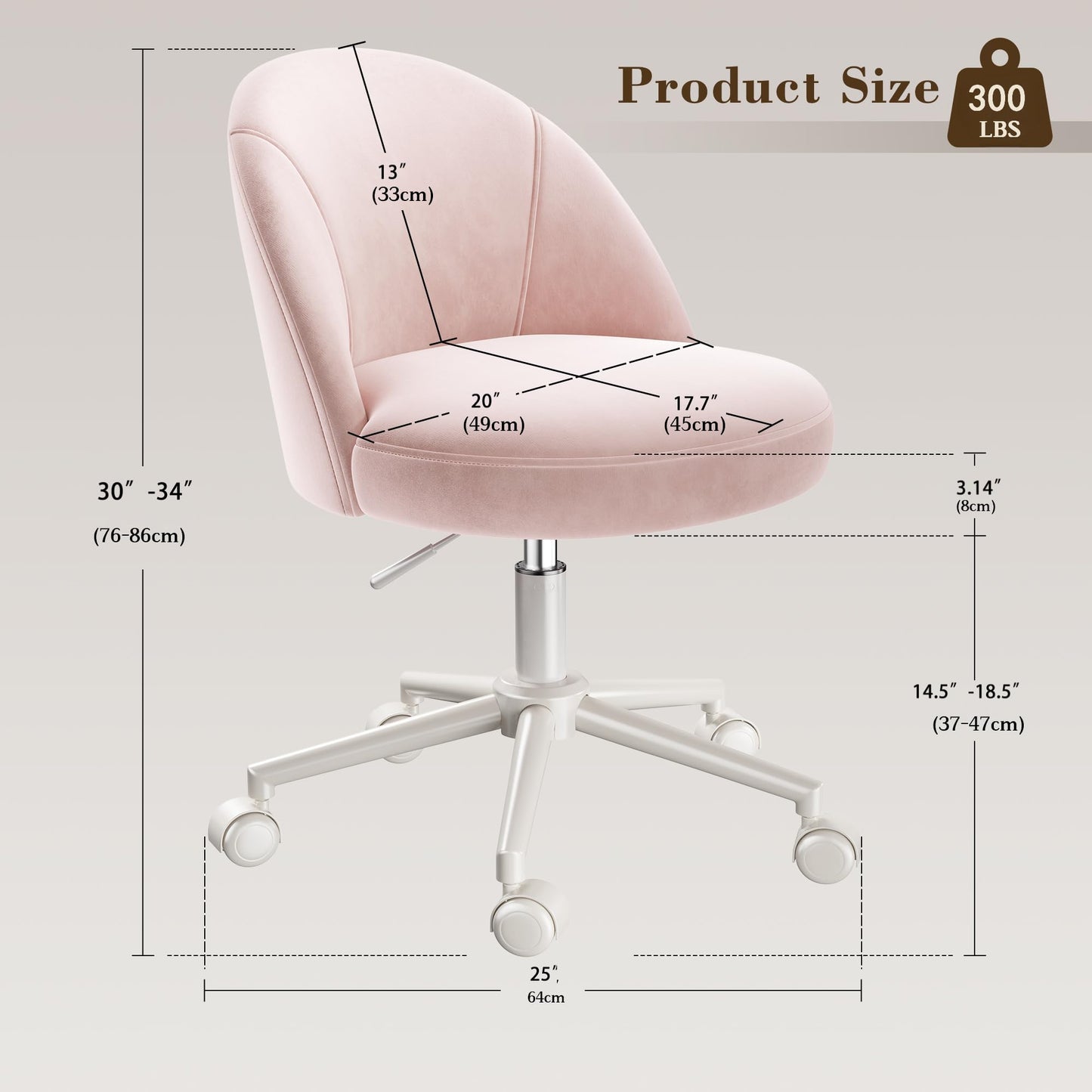 EnHomee Vanity Chair with Wheels, Pink Desk Chair with Back, Small Office Chair Armless for Makeup Room, Bedroom, Home Office