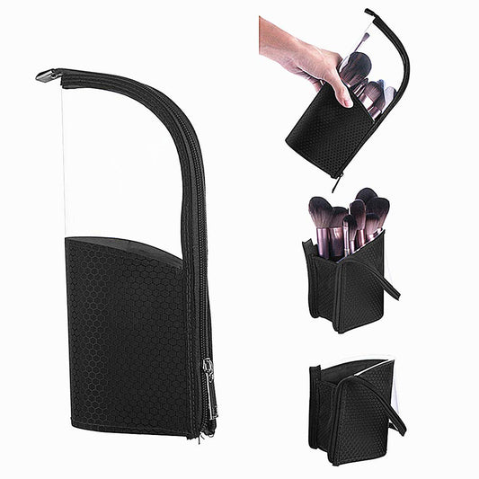 couragejoy Travel Make-up Brush Holder Organizer Bag，Clear Plastic&Oxford Cosmetic Zippered Case，Portable Waterproof Stand-Up Makeup Brush Pouch, Professional Artist Small Toiletry Cup (Black)…