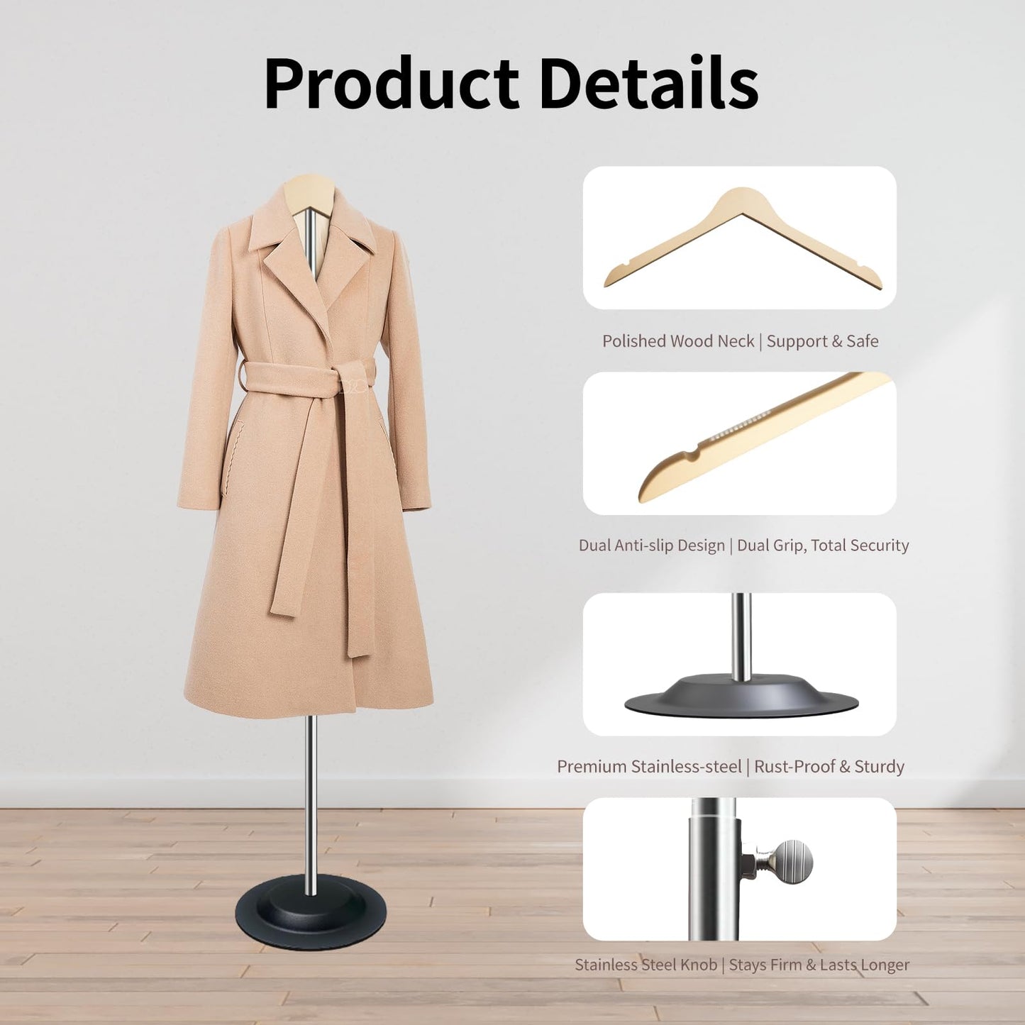 Gecauoea Shirt Display Stand 20-36“ Mannequin Torso with Pure Wood Hangers Dual Non-Slip Design, Stable Metal Base, Ideal T-Shirt Dress Form Display for Vendors, Retail, and Daily Use (White, 1 Pack)