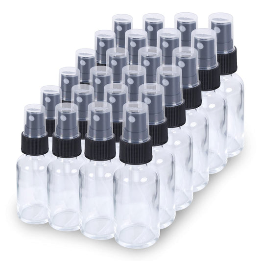 YONKAN 2oz Glass Spray Bottle, Fine Mist Boston Glass Bottles with Black Fine Mist Sprayer Small Clear Bottles for Essential Oils, Bath, Beauty, Hair & Cleaning, Clear, Pack of 24