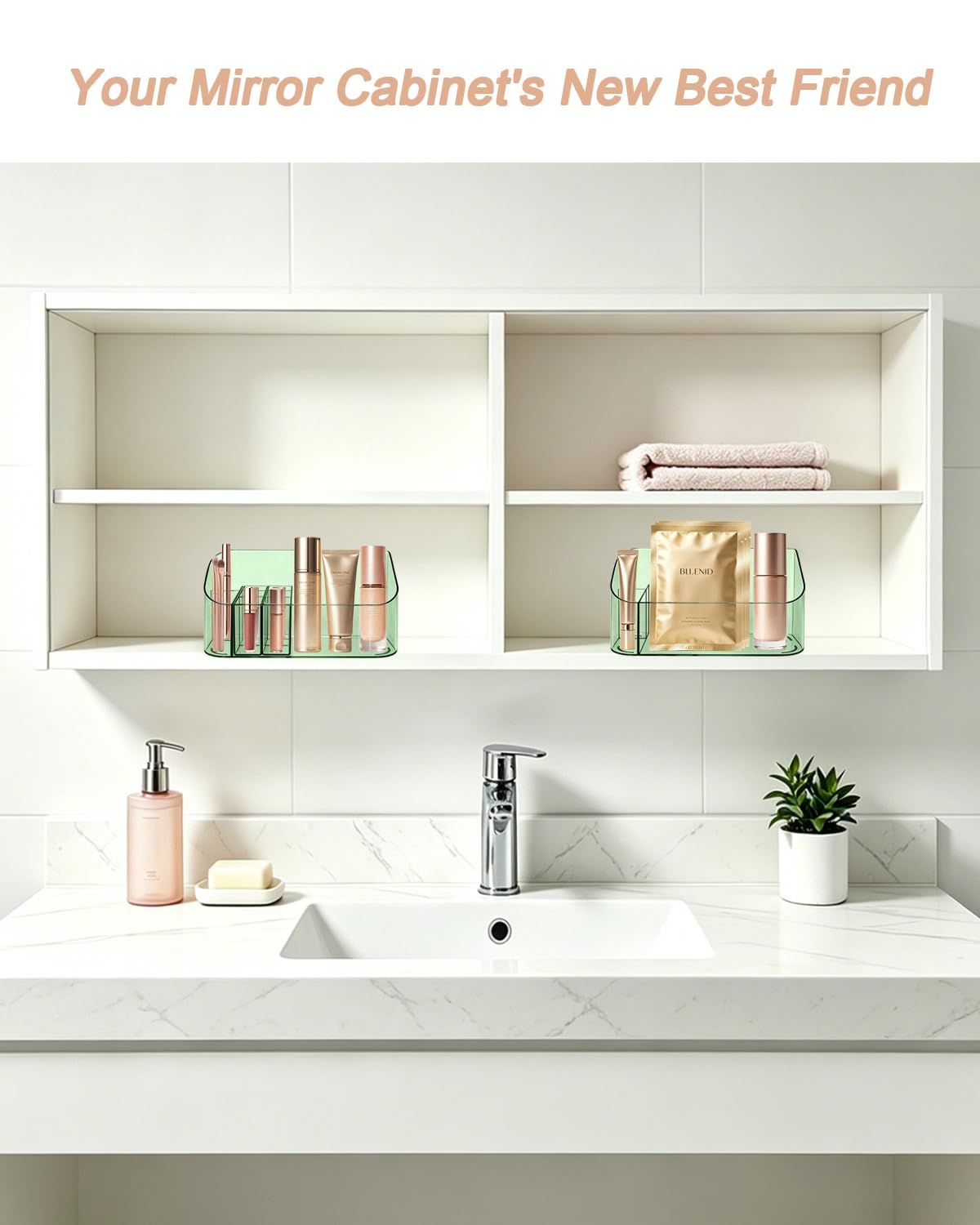 SUNFICON 2 Pack Makeup Trays Organizers Holders Cosmetic Display Cases Tabletop Desktop Vanity Countertop Bathroom Wall Cabinet Medicine Storage Boxes for Womens Ladies Girls Crystal Green
