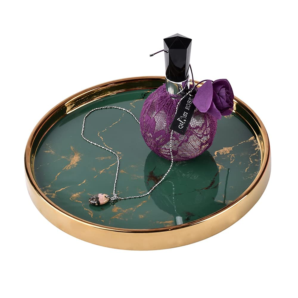 Makeup Perfume Organizer Round Bathroom Vanity Tray Decorative Dresser Tray Countertop Organizer Tray for Cosmetics,Green