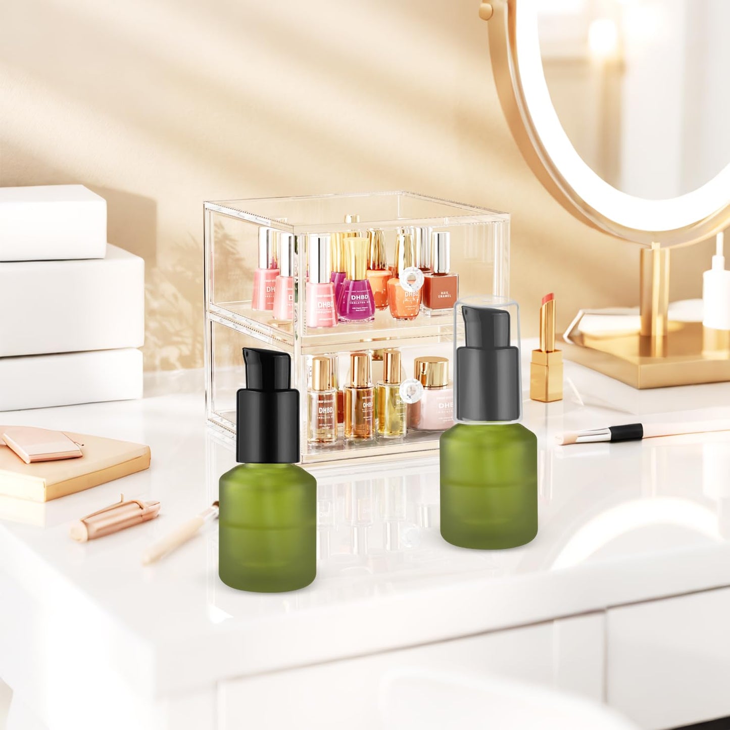 6 Pcs Empty Glass Pump Bottles Refillable Cream Lotion Bottles Travel Sample Bottle Cosmetic Dispenser Bottle Containers For Lotion Cream Emulsion Essence (Green, 15ml/0.5oz)