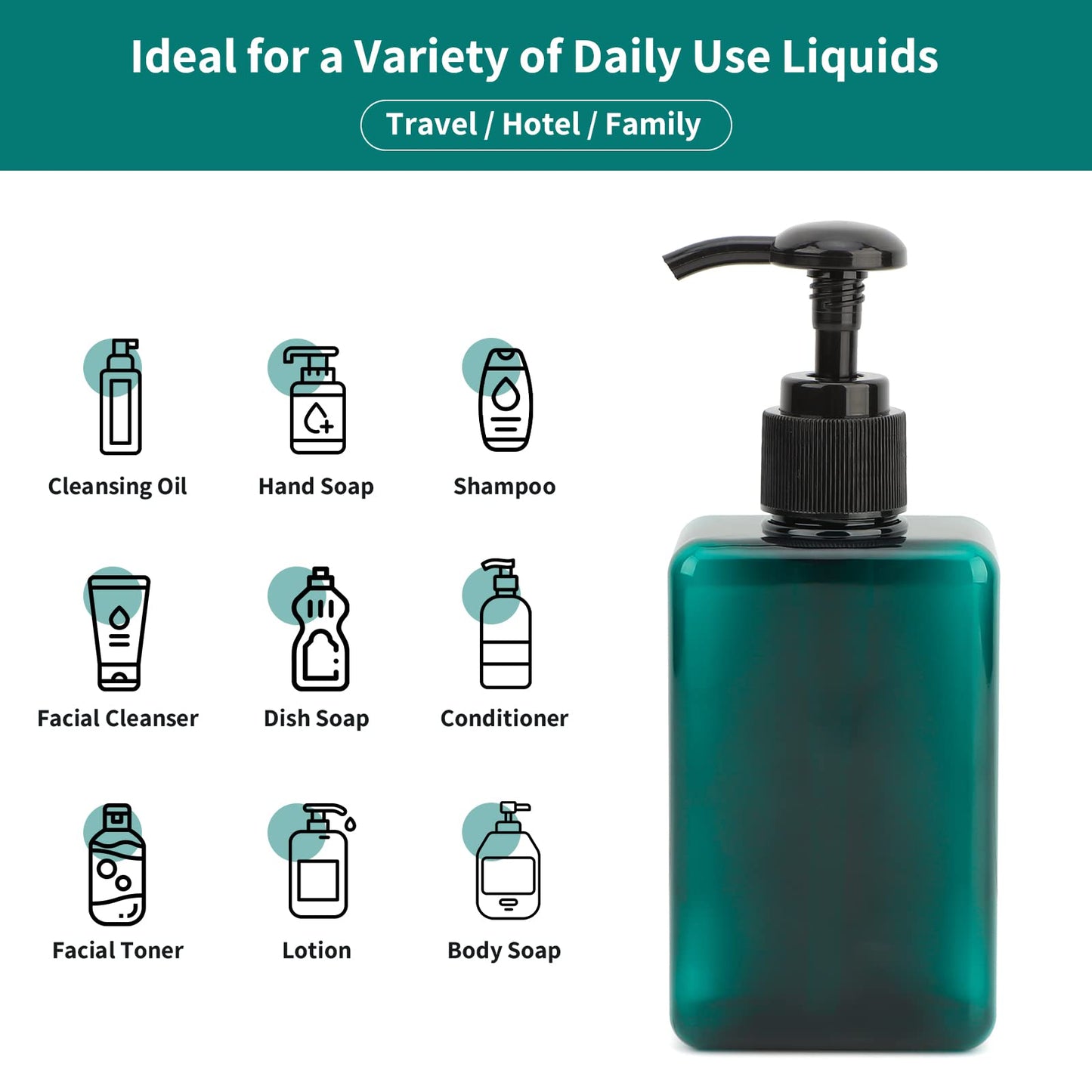 Segbeauty Refillable Soap Dispenser, 4 Pack 6.8oz Plastic Square Press Pump Bottles, 200ml Empty Travel Containers Lotion Cosmetic Bottle Set for Hand Wash Shampoo Conditioner Shower Gel Essential Oil
