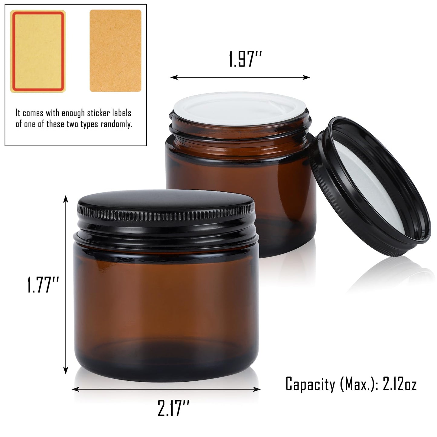 RAMFIYN 2oz Amber Glass Jars with Lids - 12 Pack Cosmetic Containers for Travel, Lotion, Cream