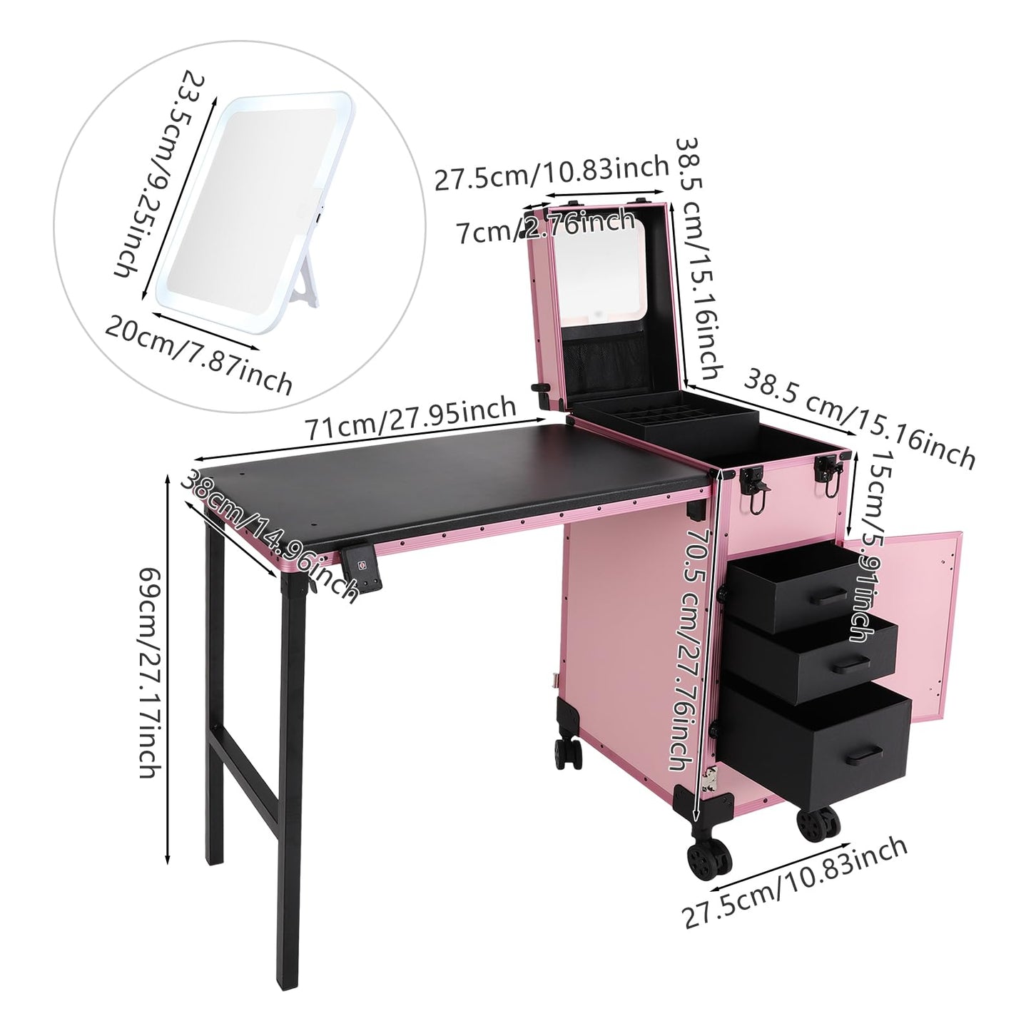 Cbhfmljd Rolling Makeup Case with 3 Drawers, Portable Manicure Table Lockable Makeup Train Case Portable Nail Table with Storage with LED Light & Key for Hair Barbers/Stylists, Makeup Enthusiasts