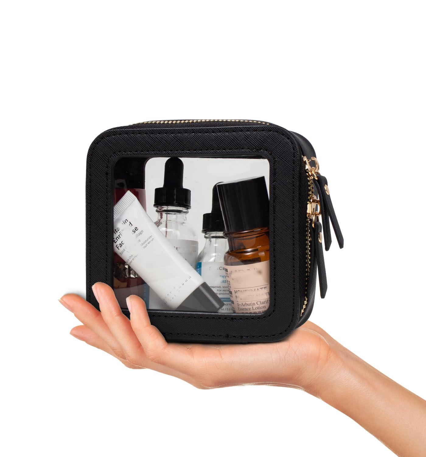 Clear Makeup Bag Small, Mini Clear Makeup Pouch TSA Approved Portable Travel Toiletry Bag Multipurpose Cosmetic Bag Case for Women Vegan Leather Make Up Pouch Car Organizer for Women Men (Mini Black)