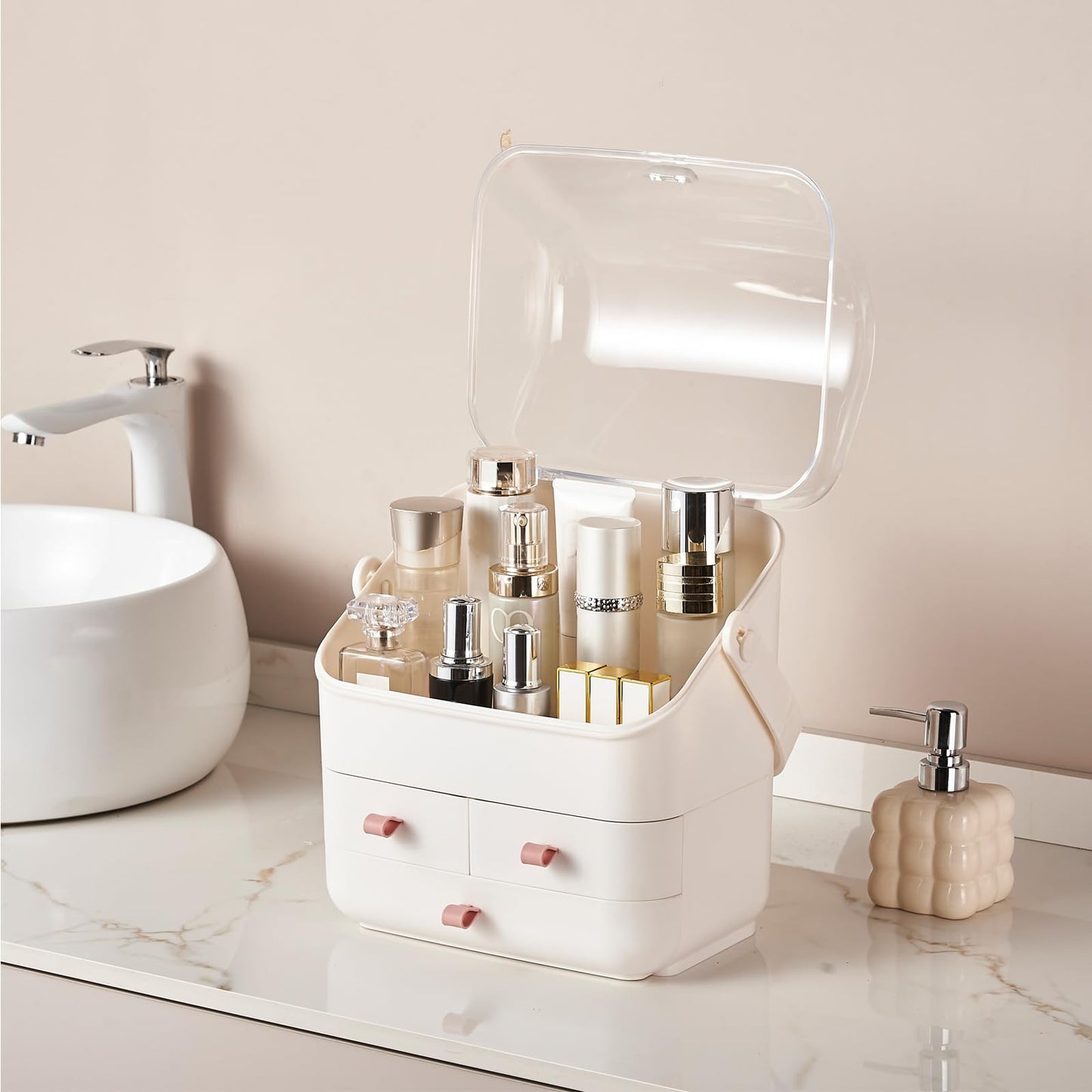 Large Makeup Organizer w Drawers Beauty Organizer Makeup Box Holder Vanity Organization Desk Countertop MakeUp Organizers Bathroom Counter Organizer Skincare Cosmetic Case Stand Dustproof Lid Gift