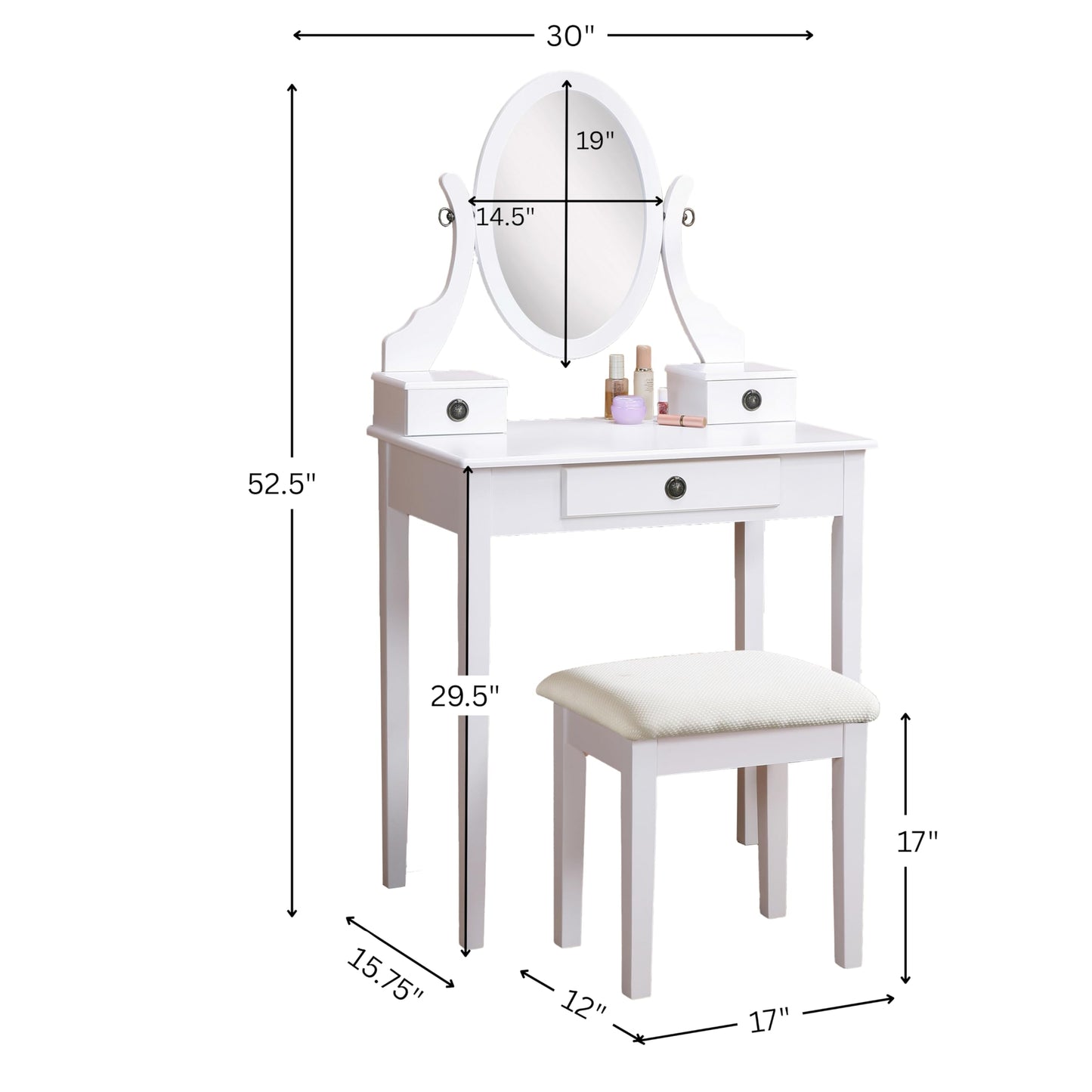 Roundhill Furniture Moniya White Wood Vanity Table and Stool Set (3415WH) Medium