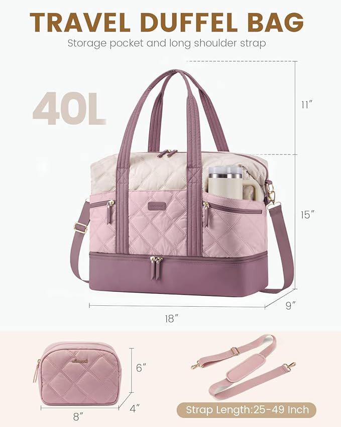 LOVEVOOK Travel Duffle Bag, Lightweight Weekender Bags for Women with Shoe Compartment,40L Puffer Gym Bag Personal Item Travel Bag, Quilted Overnight Bags and Hospital Bag for Labor and Delivery