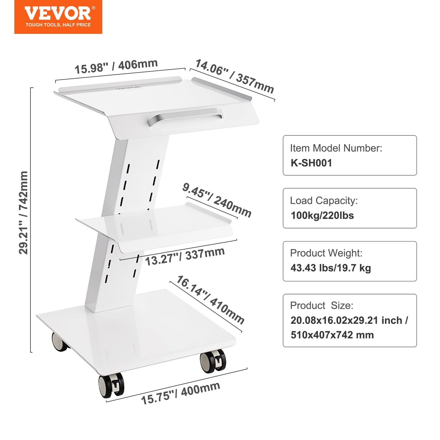 VEVOR Rolling Esthetician Cart with 3 Built-in Sockets, 3-Tier Metal Medical Trolley on Swivel Wheels, Mobile Ultrasonic Tray Cart, for Lab, Clinic, Beauty and Dental, 220 lbs Weight Capacity