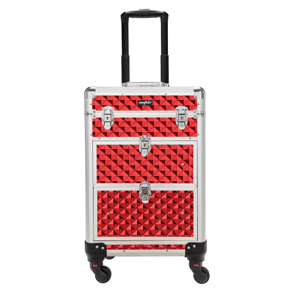 OmySalon Aluminum Rolling Makeup Train Case, Portable Makeup Organizer Suitcase, Cosmetic Storage Box, Travel Beauty Luggage Trolley Lockable w/4 Removable Wheels & 2 Sliding Drawers, Red