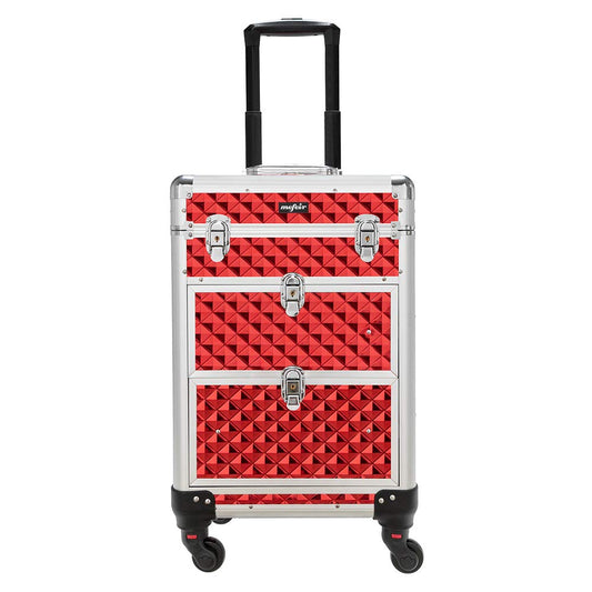 OmySalon Aluminum Rolling Makeup Train Case, Portable Makeup Organizer Suitcase, Cosmetic Storage Box, Travel Beauty Luggage Trolley Lockable w/4 Removable Wheels & 2 Sliding Drawers, Red