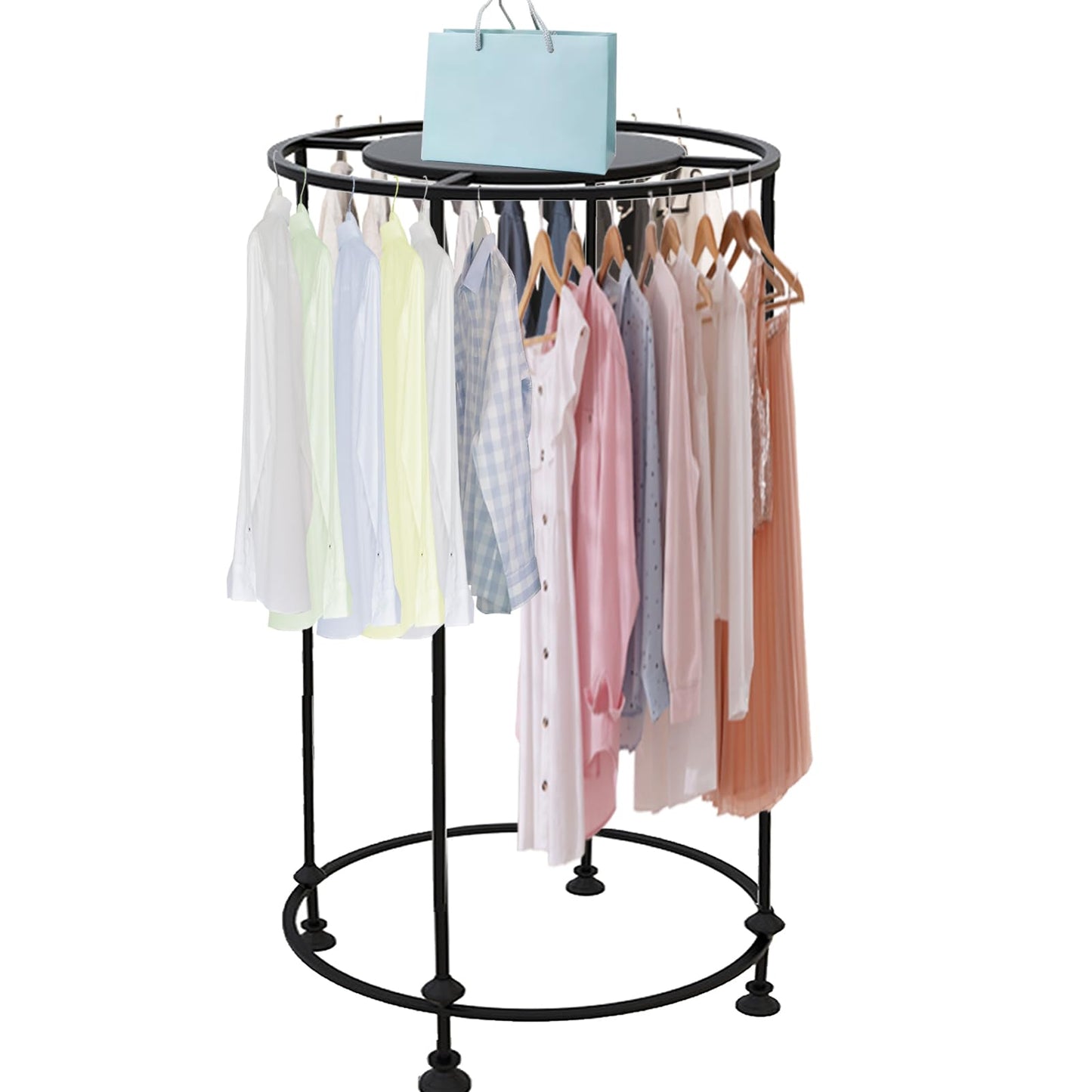 Freestanding Round Garment Display Retail Rack, Floor-Standing Double Space Multi-Purpose Metal Shelf for Clothes Storage, Commercial Clothing Organizer in Retail Boutiques (Black, 23.6"x 51.2")