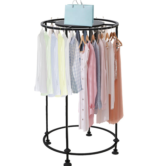 Freestanding Round Garment Display Retail Rack, Floor-Standing Double Space Multi-Purpose Metal Shelf for Clothes Storage, Commercial Clothing Organizer in Retail Boutiques (Black, 23.6"x 51.2")