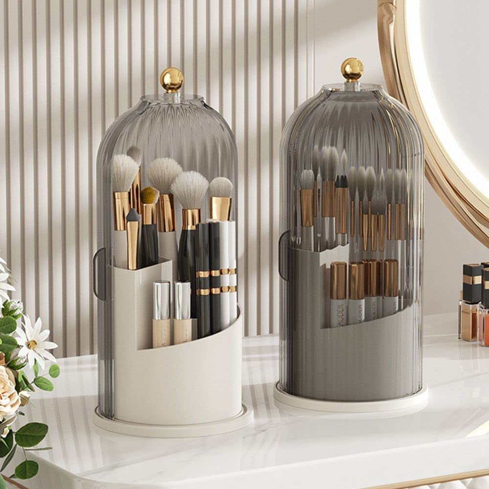 LZYLL Makeup Brush Holder Organizer with Lid-360° Rotating Luxury Cosmetic Organizer Makeup Organizer Lipstick Eyebrow Pencil Holder for Vanity Desktop Bathroom Countertop