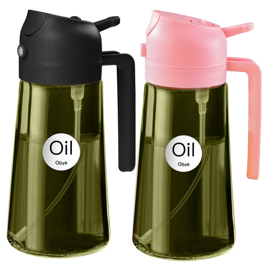 YARRAMATE 2Pcs 16oz/470ml Dark Green Oil Sprayer for Cooking with Stickers, Food-grade Premium 2 in 1 Olive Oil Dispenser Bottle for Kitchen Gadgets, Air Fryer, Salad, Frying, BBQ (Pink&Black)