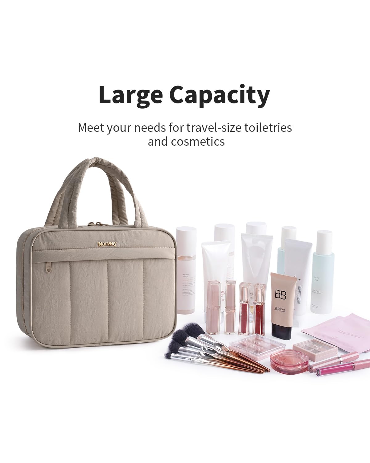 Narwey Hanging Travel Toiletry Bag for Women, Quilted Makeup Bag Organizer with Handle, Travel Bathroom Bag, Portable Toiletries Bag for Essentials, Accessories, Brushes, Cosmetics (Khaki)