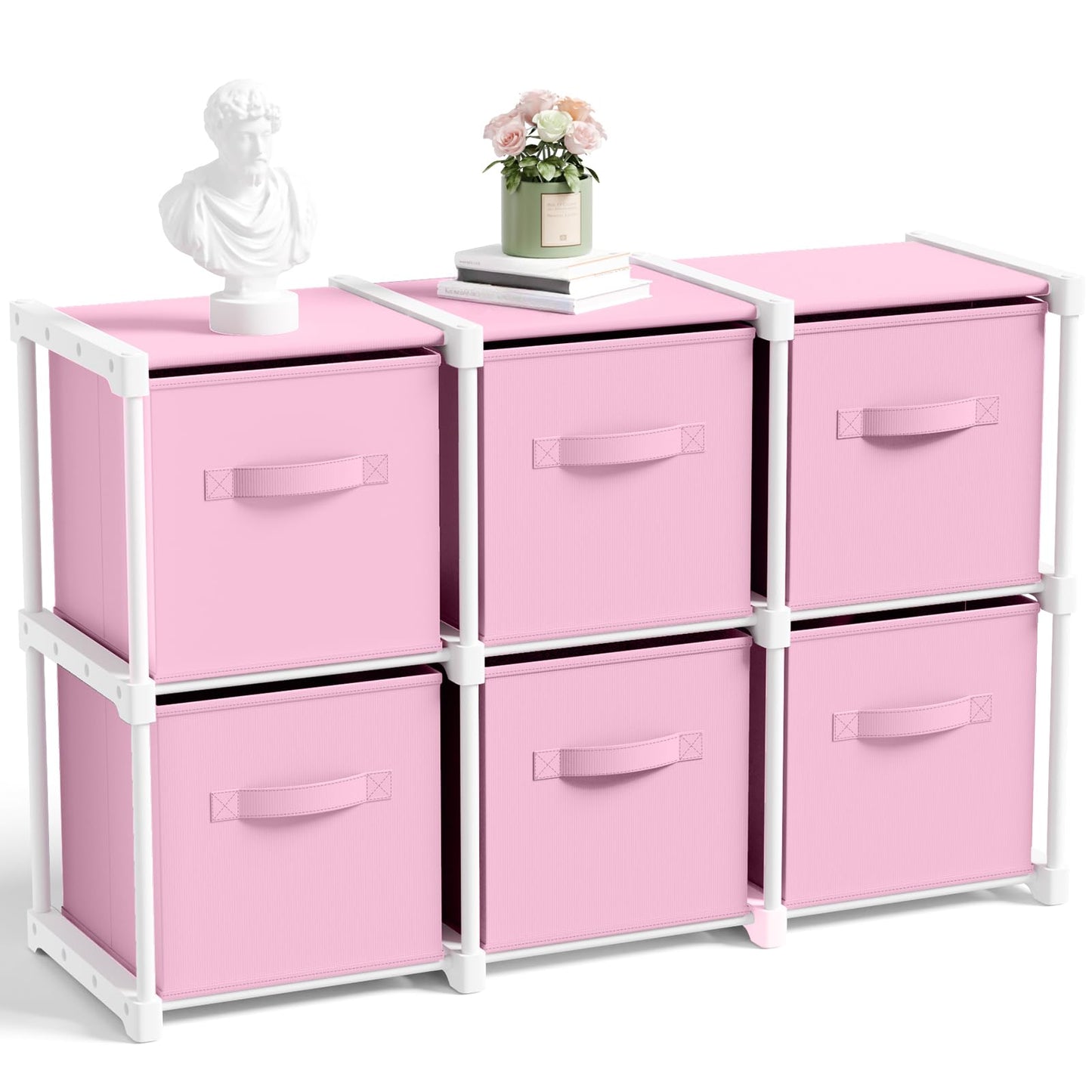 Briwooody 6 Cube Storage Organizer Bins with Shelf 11x11 Cabinet Drawer Dresser Closet Organizer and Storage Fabric Toy Boxes for Nursery Playroom Back to School Dorm for Clothes (Macaroon Pink)