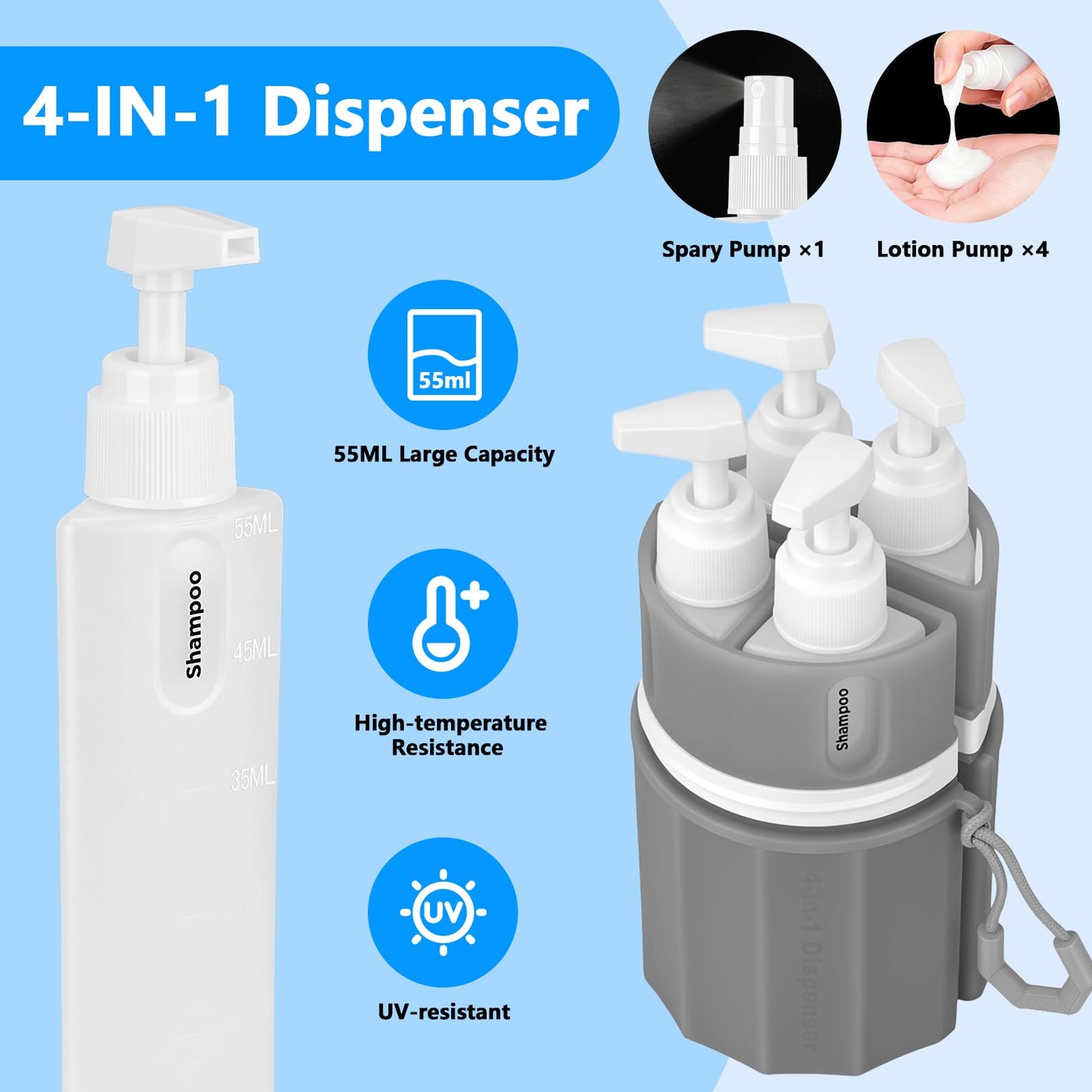 Kkluno 4 in 1 Travel Dispenser Bottles, TSA Approved Leak Proof Refillable Toiletry Containers with Vacuum Suction Cup for Smooth Walls, Portable Empty Bottle Set for Shampoo Conditioner Body Wash