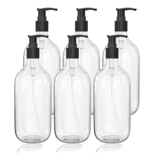 10 Ounce Clear Plastic Pump Bottle Dispenser, Refillable Empty Bottle Container with Pump for Essential Oil Soap Lotion Shampoo, 6 Pcs