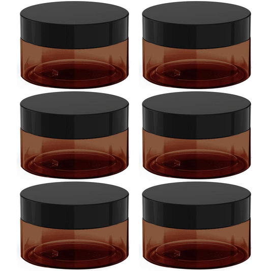 8 oz Amber Plastic Cosmetic Jars Leak Proof Container with Black Lid for Cream, Lotion, Powder, ointment, Beauty Products etc, 6 Pcs.