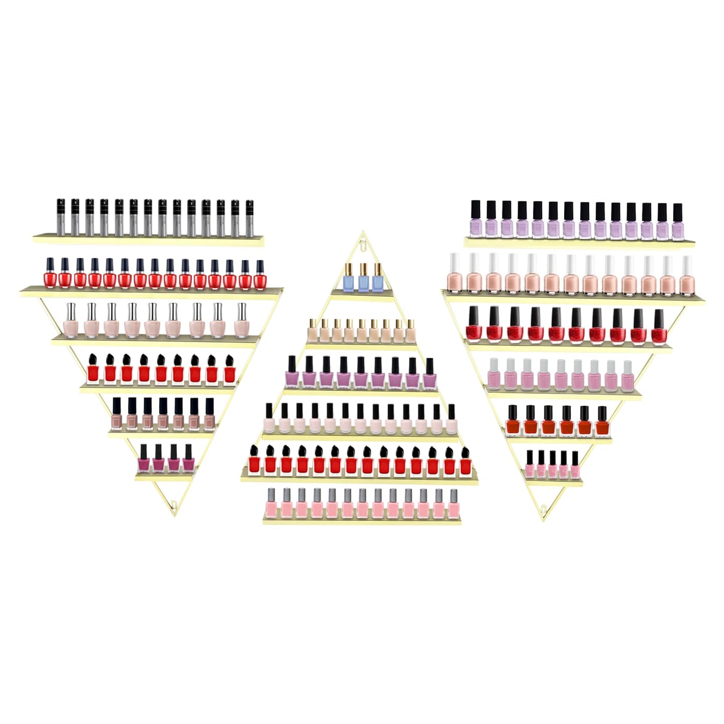 InnaMall 5 Tier Wall-Mounted Nail Polish Display Rack, 6PCS Metal Triangular Nail Polish Racks Holds Up to 90 Bottles Each Triangle for Nail Salon, Cosmetics & Beauty Shop Gold