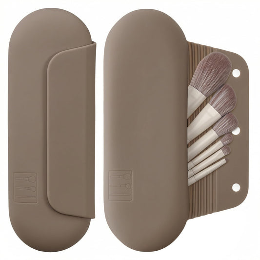 AGIKET Silicone Makeup Brush Holder Travel Cosmetic Bag：Soft Portable Cosmetic Face Brushes Holder with Upgrade Anti-Fall Out Magnetic Closure, Large Travel Makeup Brush Case - Coffea